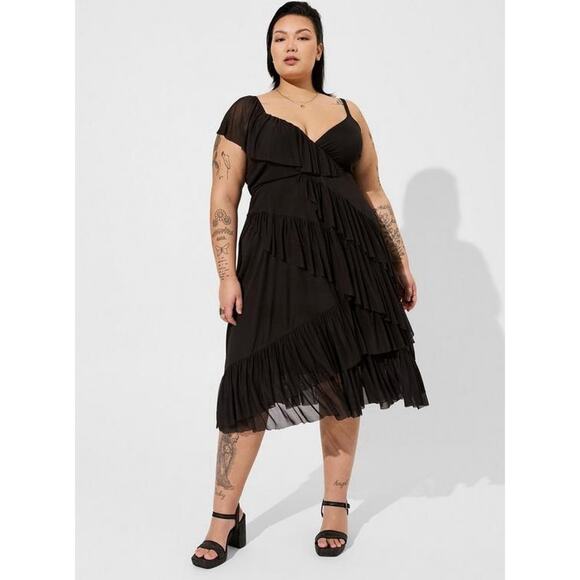 Torrid Dress 4X Black Whimsigoth Midi Mesh Surplice Dark Elegance Coquette Plus - Picture 1 of 13